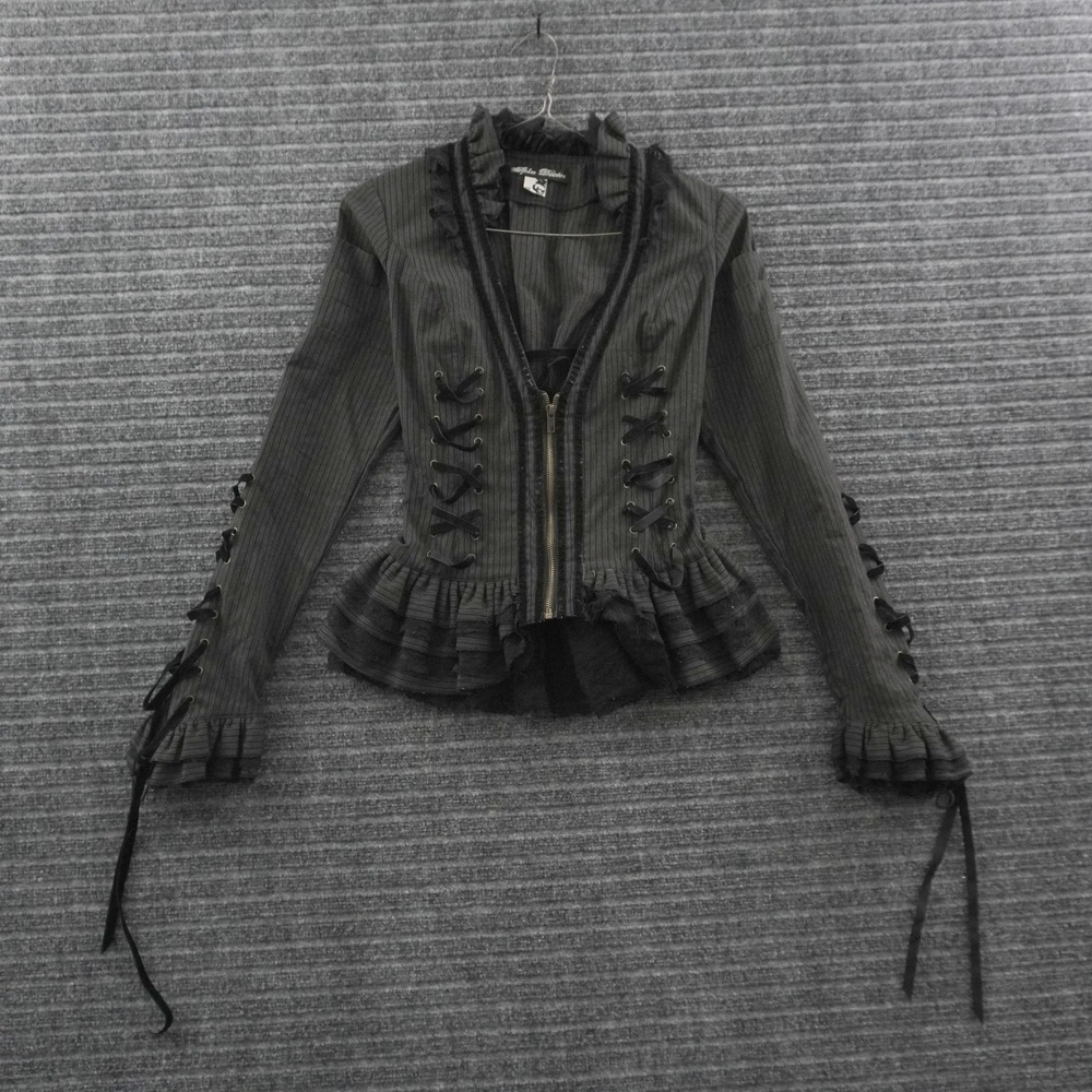 Spin Doctor Gothic Pinstripe Peplum Jacket Womens M Black Lace Up Steampunk